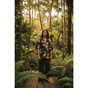 NWT Two Palms Women's Rayon XL Black Hibiscus Palm Frond Short Sleeve Shirt